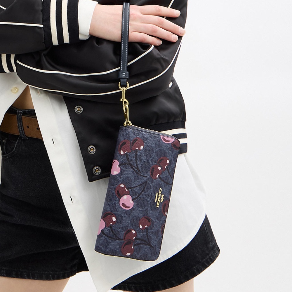 Long Zip Around Wallet In Signature Canvas With Cherry Print